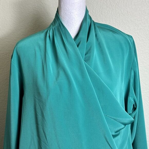 VTG Dana Alexander Women's Green Blouse Drape Front Size 10 Button Neck Long Sl. - Picture 2 of 8